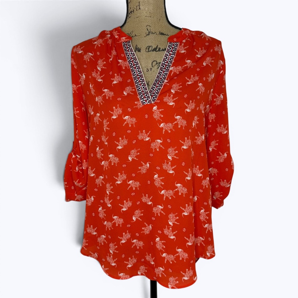 Society Girl Elephant Print Tunic Top Red Roll Tab Sleeve Boho Novelty Bold Sz L